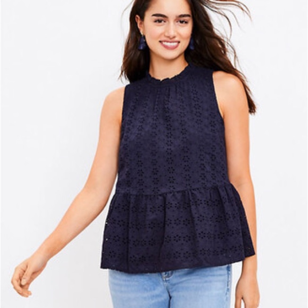 Loft peplum eyelet navy top